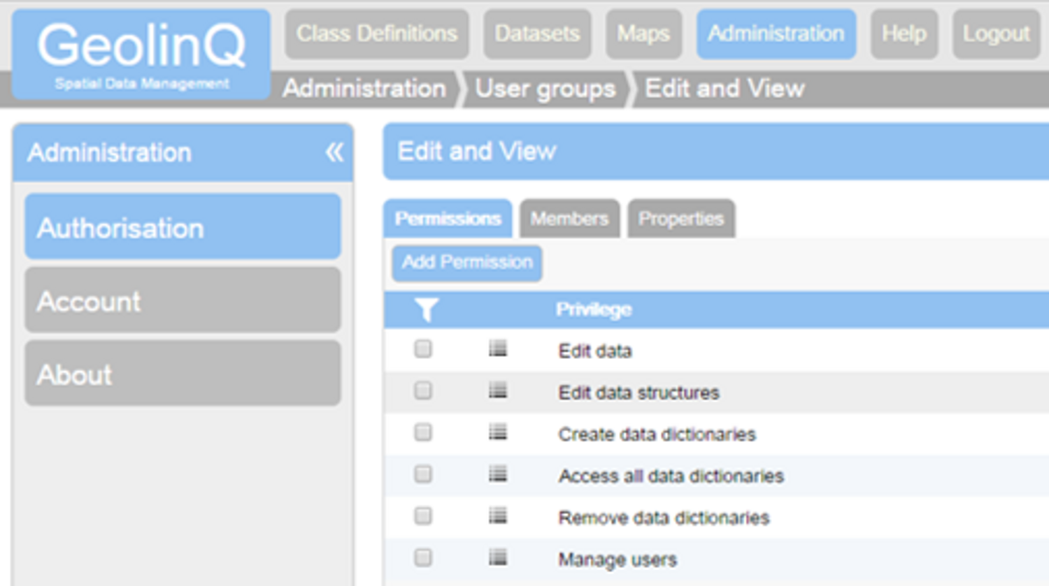 GeolinQ, autorisation functionality