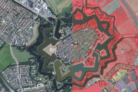 Naarden, Juni 2018. Groen in de stad wordt steeds belangrijker. De locatie en status van vegetatie kan met behulp van satellietdata goed in kaart gebracht worden. Infraroodbeelden helpen daarbij. Bron: Satellietdataportaal