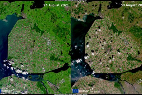 De afbeelding, samengesteld uit twee Sentinel-2 beelden op 23 augustus 2021 (links) en 30 augustus 2022 (rechts), laat de ernstige droogte van vorig jaar in de Noordoostpolder zien. Bron: Europese Unie, Sentinel-2 Satelliet