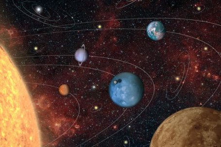 Artist impressie van exoplaneten en hun eventuele manen, met omloopbanen om hun ster. Credit: DLR