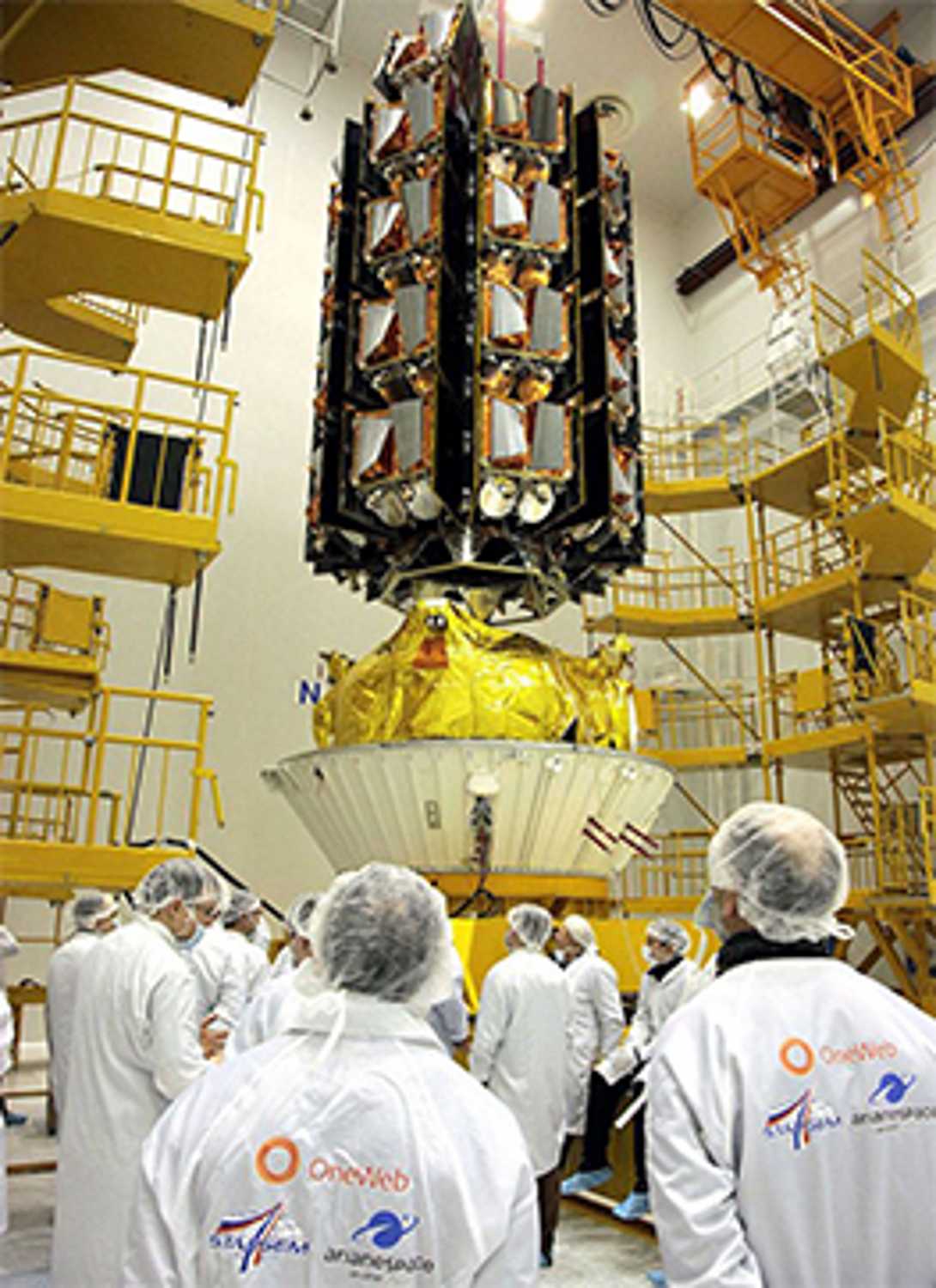 OneWeb – 34 satellites prior to successful launch on 6 Feb 2020<p>
Courtesy Airbus OneWeb Satellites