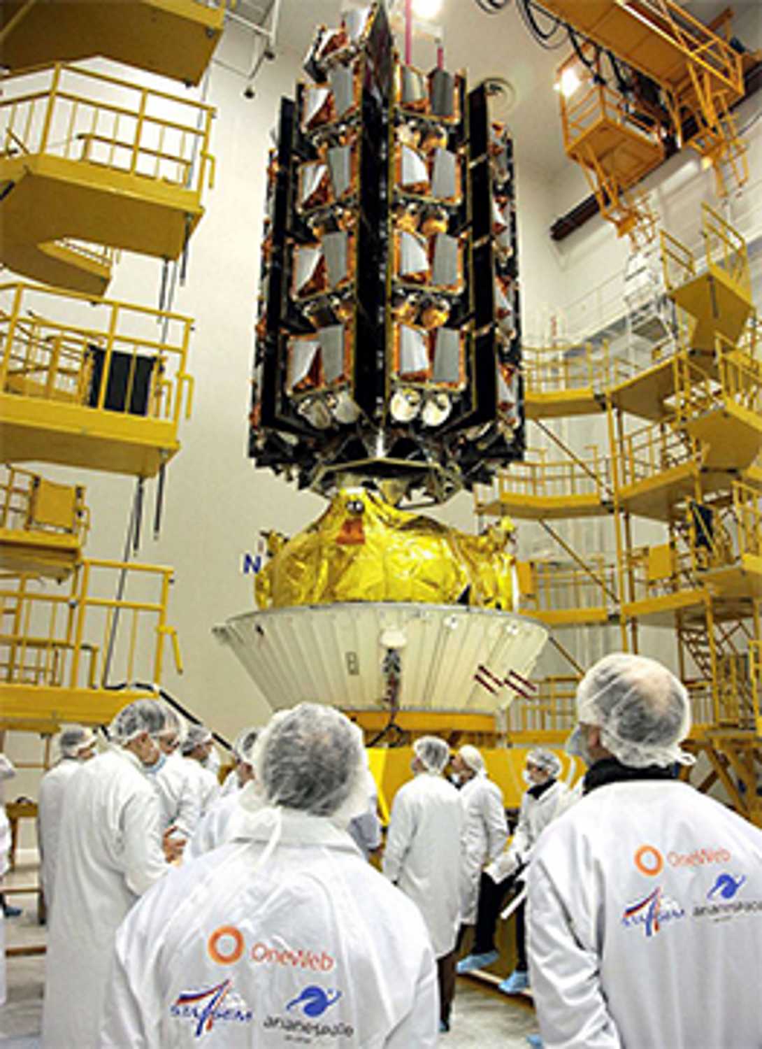 OneWeb – 34 satellites prior to successful launch on 6 Feb 2020<p>
Courtesy Airbus OneWeb Satellites