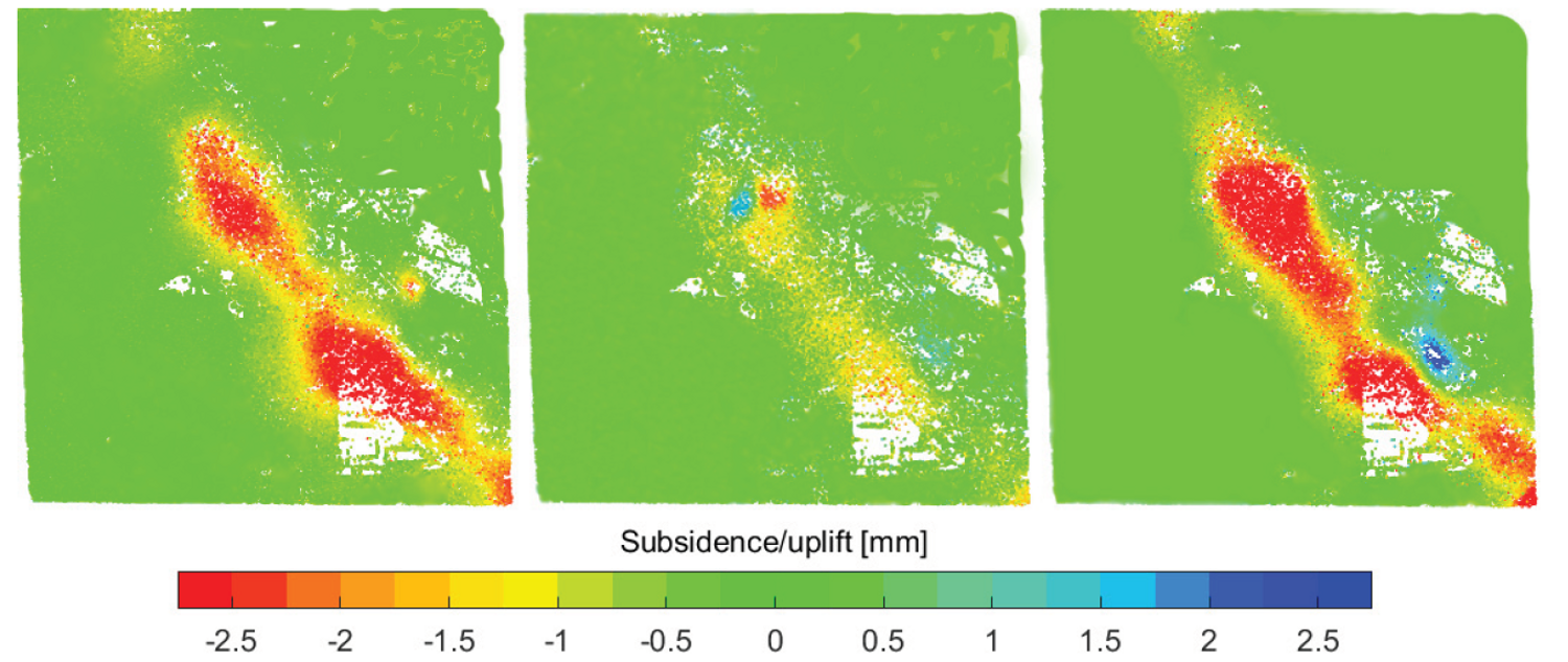 Samples of a SkyGeo surface subsidence and uplift map over a reservoir for 3 different time periods.