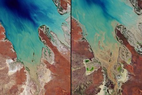 Sentinel-2 satellietbeelden tonen het resultaat van de overstromingen veroorzaakt door hevige regenval die West-Australië eind 2020 trof. Het linker satellietbeeld is van 11 november 2020, terwijl het satellietbeeld rechts werd genomen op 16 december 2020