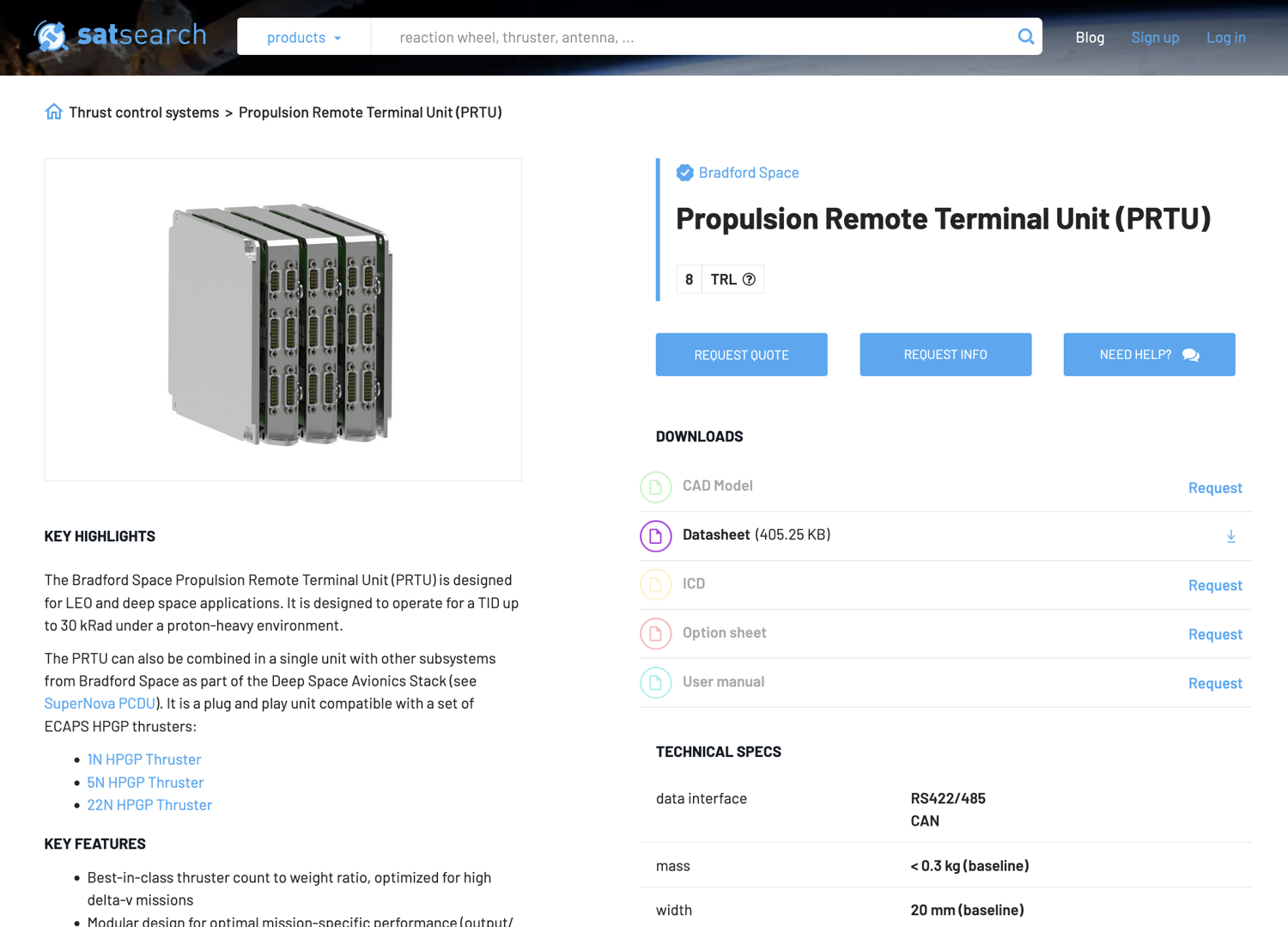 example product page on satsearch