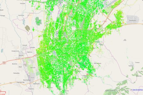 Deformatiekaart van de Kazachse stad Almaty, gemaakt door het Nederlandse bedrijf NEO met satellietdata. De kaart is waardevol bij het inschatten van risico’s op ‘land slides’.