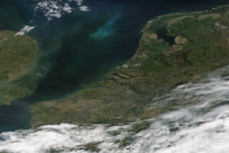 Satellietbeeld van Nederland en België. Bron: NASA Worldview/MODIS Terra satelliet